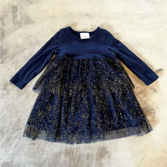 Hanna Andersson Navy Blue and Gold Tulle Long Sleeve Dress